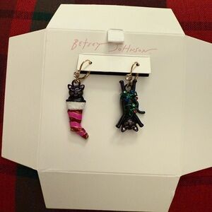 Betsey Johnson Black and Pink Cat Earrings, Christmas themed